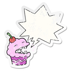 funny cartoon cupcake and speech bubble distressed sticker