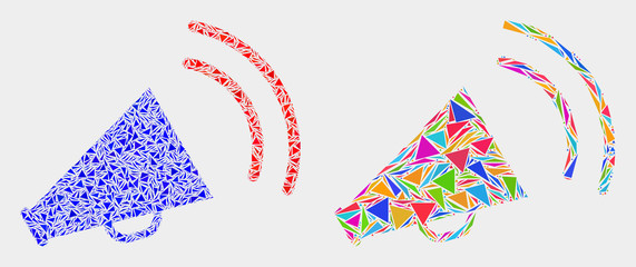 Megaphone sound collage icon of triangle elements which have various sizes and shapes and colors. Geometric abstract vector design concept of megaphone sound.