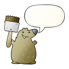 cartoon bear and paint brush and speech bubble in smooth gradient style