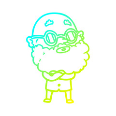 cold gradient line drawing cartoon curious man with beard and glasses