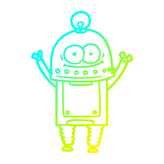 cold gradient line drawing happy carton robot with light bulb