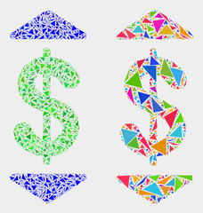 Dollar up down collage icon of triangle items which have various sizes and shapes and colors. Geometric abstract vector illustration of dollar up down.