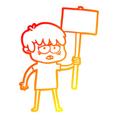 warm gradient line drawing cartoon exhausted boy with placard