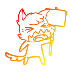 warm gradient line drawing angry cartoon fox with sign