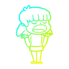 cold gradient line drawing cartoon woman talking loudly