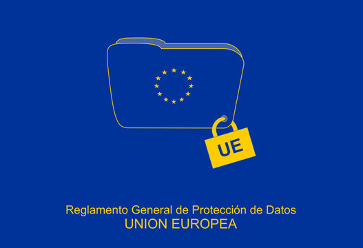 Protected data, poster. Padlocked folder graphic, meaning of protected file. Illustration in the EU flag color, text in Spanish. Concept of security and privacy, technology and internet. GDPR