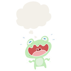 cartoon frog frightened and thought bubble in retro style