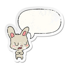 cartoon rabbit talking and speech bubble distressed sticker