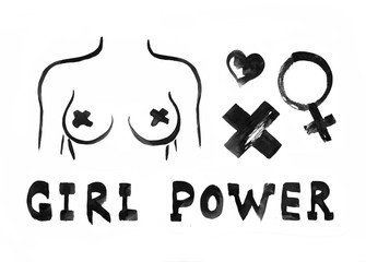 Feminism paper texture hand drawn doodles set. Ink watercolor paint lettering isolated on white background