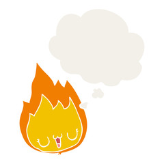 cartoon flame with face and thought bubble in retro style