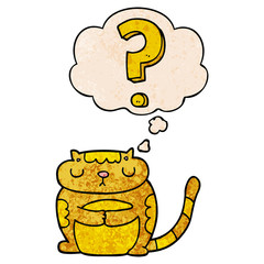 cartoon cat with question mark and thought bubble in grunge texture pattern style