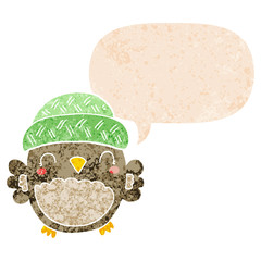 cute cartoon owl in hat and speech bubble in retro textured style