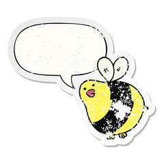 cartoon bee and speech bubble distressed sticker