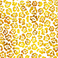 Gold jaguar pattern illustration. Leopard brush stroke. Raster seamless texture isolated on white background.