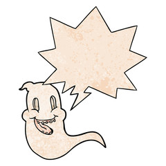 cartoon spooky ghost and speech bubble in retro texture style