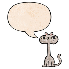 cartoon cat and speech bubble in retro texture style