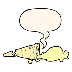 cartoon dropped ice cream and speech bubble in comic book style