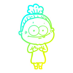 cold gradient line drawing cartoon happy old woman