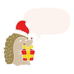 cartoon hedgehog wearing christmas hat and speech bubble in retro style