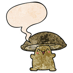cartoon mushroom character and speech bubble in retro texture style
