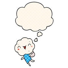 cute cartoon cloud head creature and thought bubble in comic book style