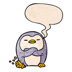 cartoon penguin tapping foot and speech bubble in retro texture style