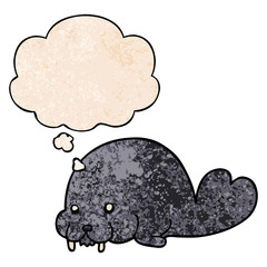 cute cartoon walrus and thought bubble in grunge texture pattern style