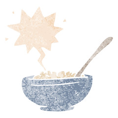 cartoon bowl of rice and speech bubble in retro textured style