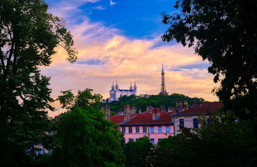 Lyon, France and the Basilica of Notre-Dame de Fourvi&egrave;re at sunset.