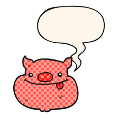 cartoon happy pig face and speech bubble in comic book style