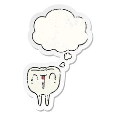 cartoon happy tooth and thought bubble as a distressed worn sticker