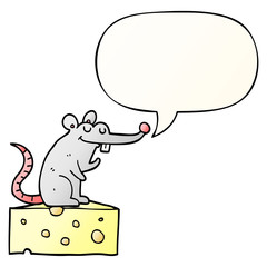 cartoon mouse sitting on cheese and speech bubble in smooth gradient style