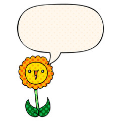cartoon flower and speech bubble in comic book style