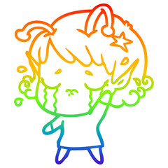 rainbow gradient line drawing cartoon crying alien girl