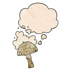 cartoon mushroom with spore cloud and thought bubble in grunge texture pattern style