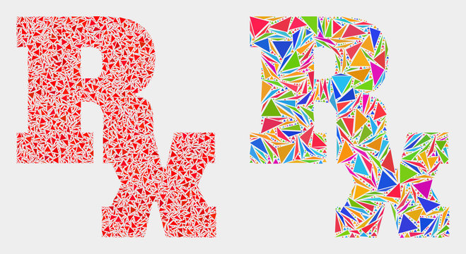 Rx symbol mosaic icon of triangle elements which have various sizes and shapes and colors. Geometric abstract vector design concept of Rx symbol.