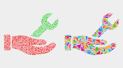 Repair hand collage icon of triangle items which have different sizes and shapes and colors. Geometric abstract vector illustration of repair hand.