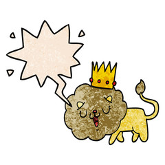 cartoon lion and crown and speech bubble in retro texture style
