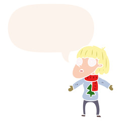 cartoon surprised christmas person and speech bubble in retro style