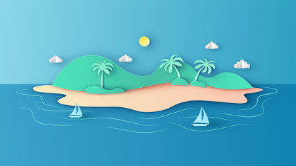 Fototapeta na wymiar Scenery of the island in sea with sailboat floating in the sea. paper cut and craft style. vector,illustration.