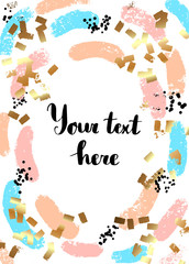 Artistic oval frame with hand drawn, gold texture, brush strokes, geometric shapes and elements.