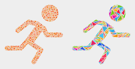 Running boy mosaic icon of triangle elements which have various sizes and shapes and colors. Geometric abstract vector design concept of running boy.