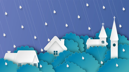 Landscape of village in the rainy forest. Graphic design for rainy season. paper cut and craft style. vector, illustration.