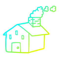 cold gradient line drawing cartoon house with smoking chimney