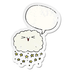 happy cartoon cloud and speech bubble distressed sticker