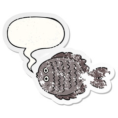 cartoon flat fish and speech bubble distressed sticker