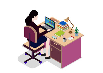 isometric business woman looking at the laptop screen