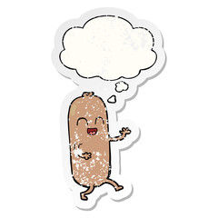 cartoon dancing sausage and thought bubble as a distressed worn sticker