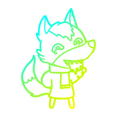 cold gradient line drawing cartoon hungry wolf in winter clothes