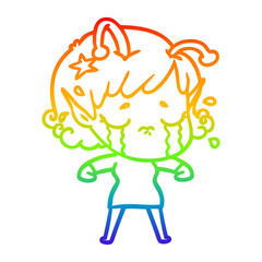 rainbow gradient line drawing cartoon crying alien girl